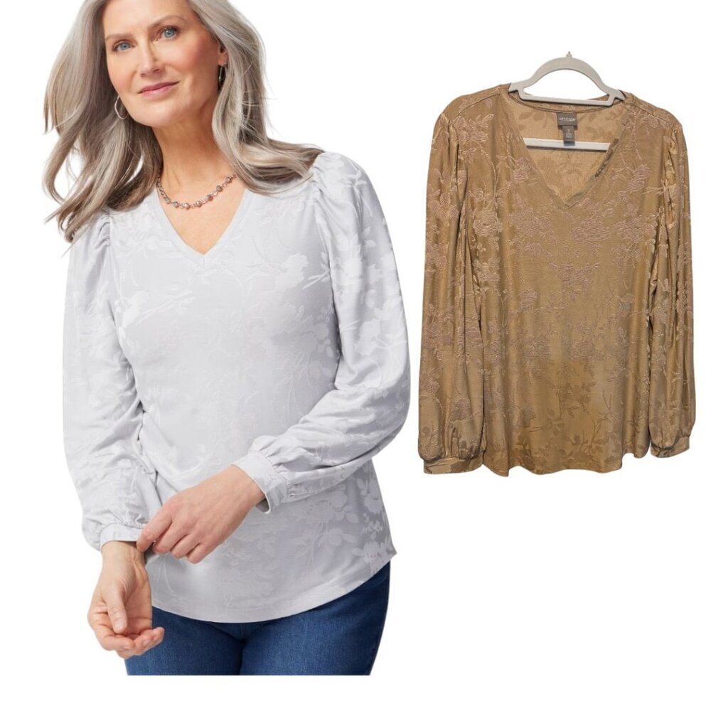 Chico's Gold Jacquard Long Sleeve V Neck Tunic Top